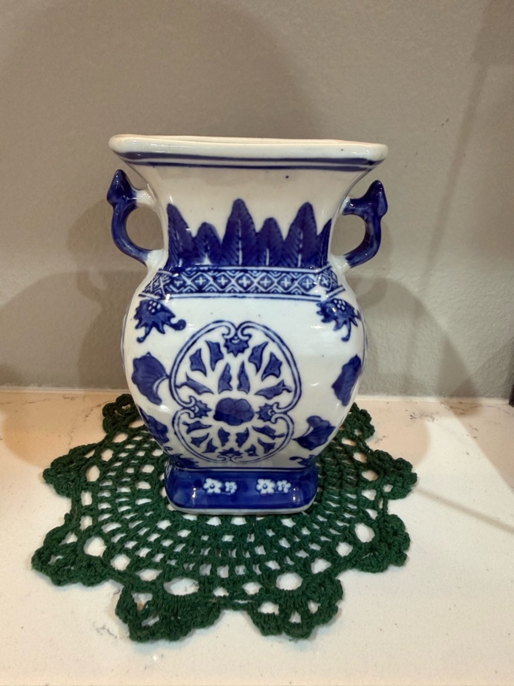 Cobalt Blue And White Porcelain Handled Vase, Floral Pattern